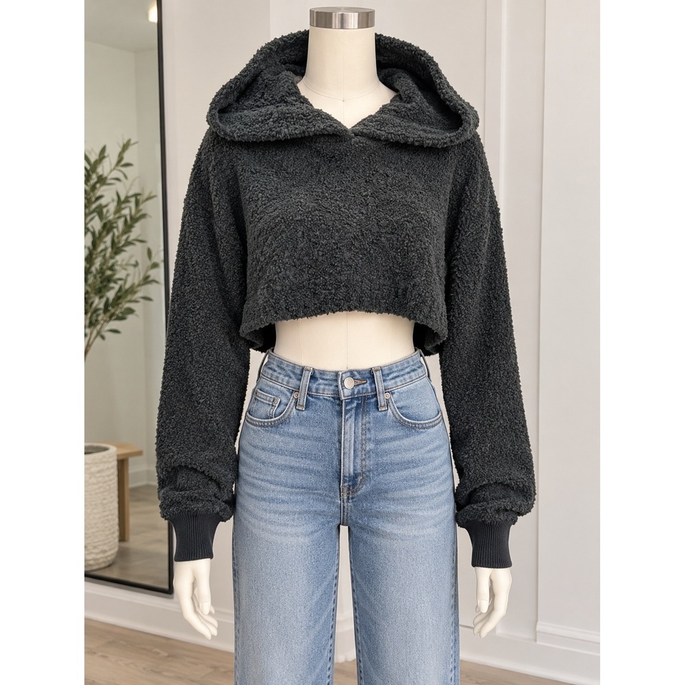Urban Outfitters Wool Blend Fuzzy Cropped Hooded Sweater Charcoal Y2K Small